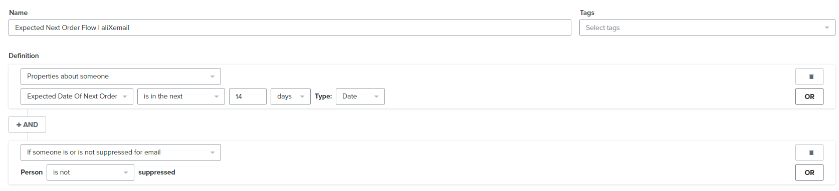 segment for expected next order flow in klaviyo