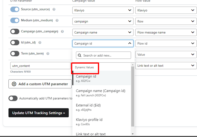 change parameter values for UTM tracking in klaviyo