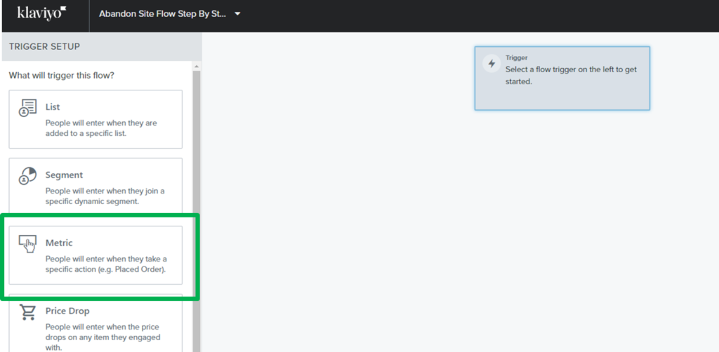 selecting metric for abandon site flow in klaviyo