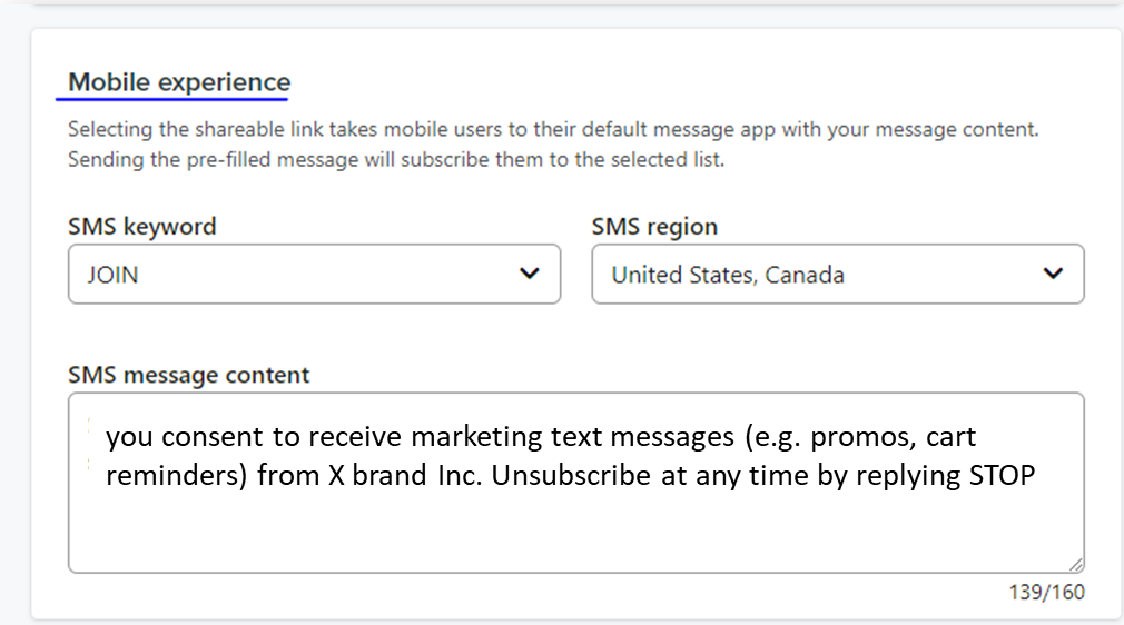 Mobile experience section to get shareable SMS subscribe link