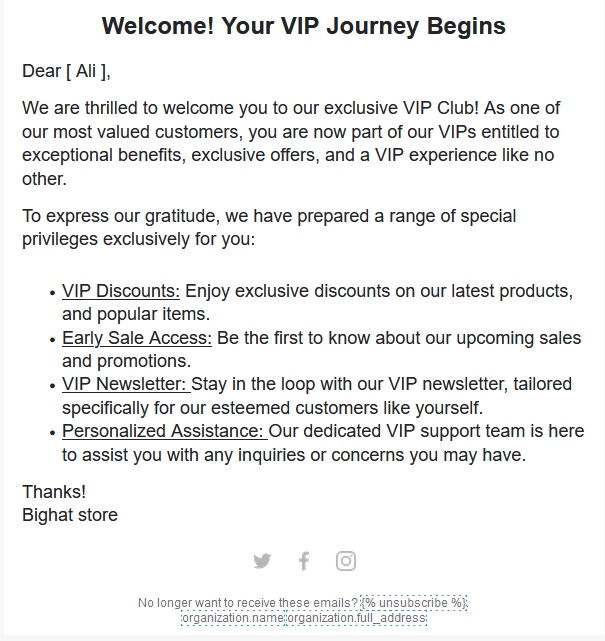 VIP welcome flow email template 1