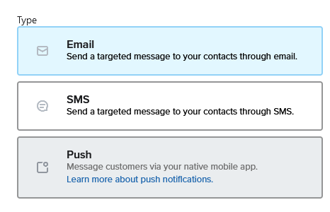 Email | Send a targeted message to your contacts through email...SMS | Send a targeted message to your contacts through SMS ....Push | Message customers via your native mobile app.