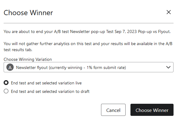 how to choose winner for A/B test signup form klaviyo