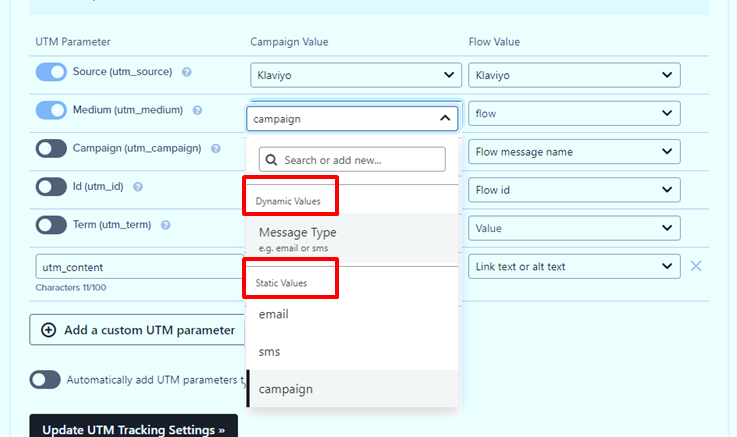 static and dynamic value in UTM tracking klaviyo