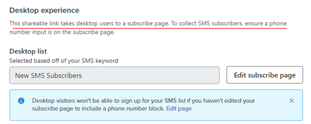 desktop experience to get shareable SMS subscribe link