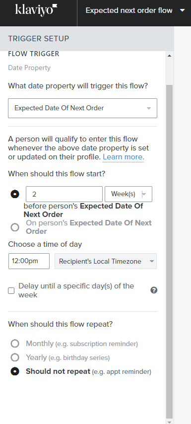 when to start expected next order flow in klaviyo