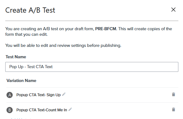 settings of A/B test of signup form klaviyo