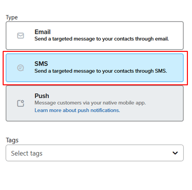 select SMS option to send sms campaign