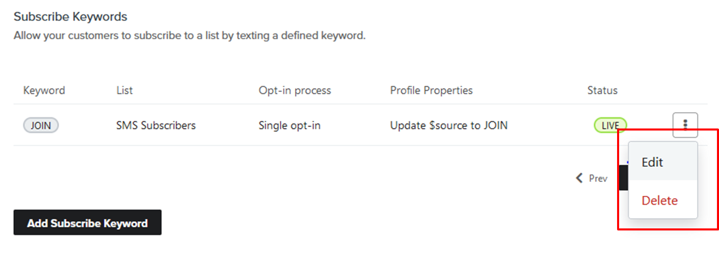 how to edit custom subscribe keyword for SMS marketing klaviyo