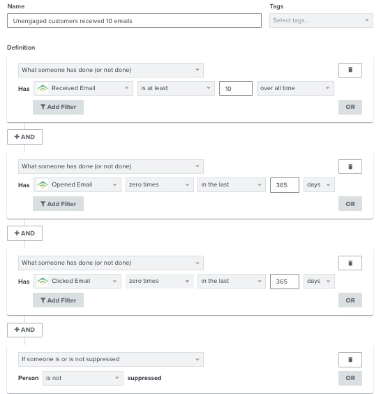 klaviyo segment for unengaged profiles